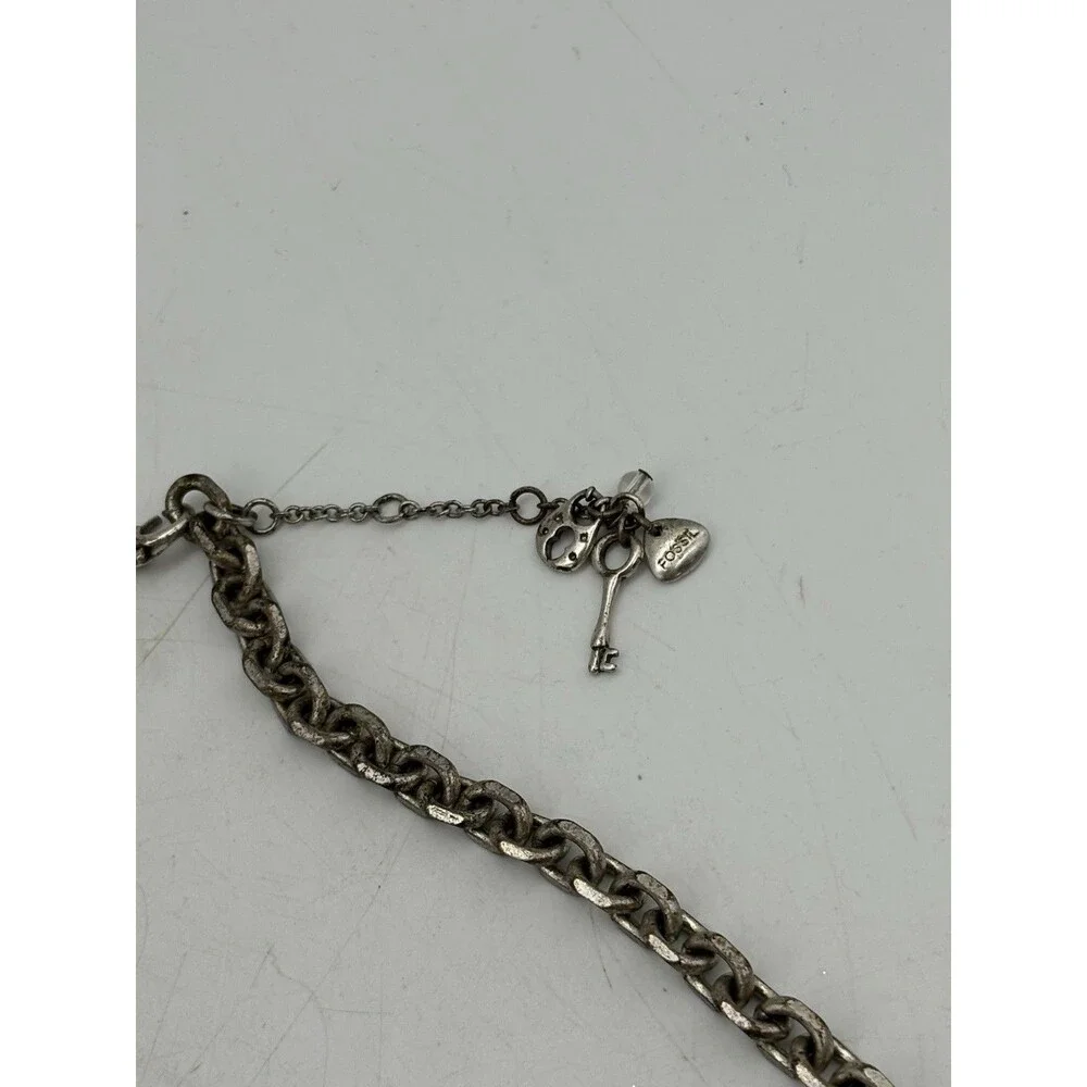 Fossil Silver Tone Chain Necklace Key Heart Charm Mixed Metal Rhinestone 18”